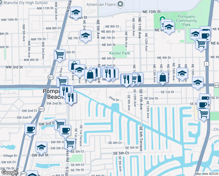 map of restaurants, bars, coffee shops, grocery stores, and more near 701 Florida 814 in Pompano Beach