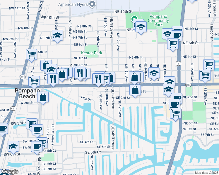 map of restaurants, bars, coffee shops, grocery stores, and more near 1003 East Atlantic Boulevard in Pompano Beach