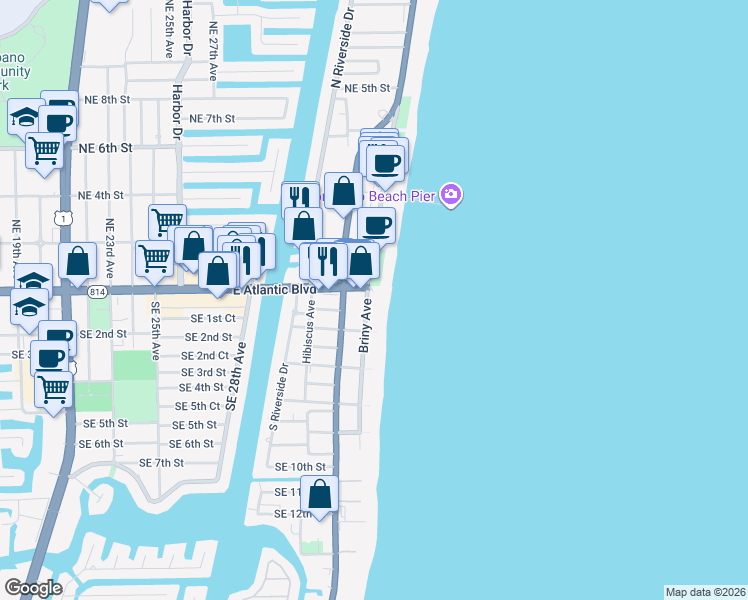 map of restaurants, bars, coffee shops, grocery stores, and more near 1001 North Pompano Beach Boulevard in Pompano Beach