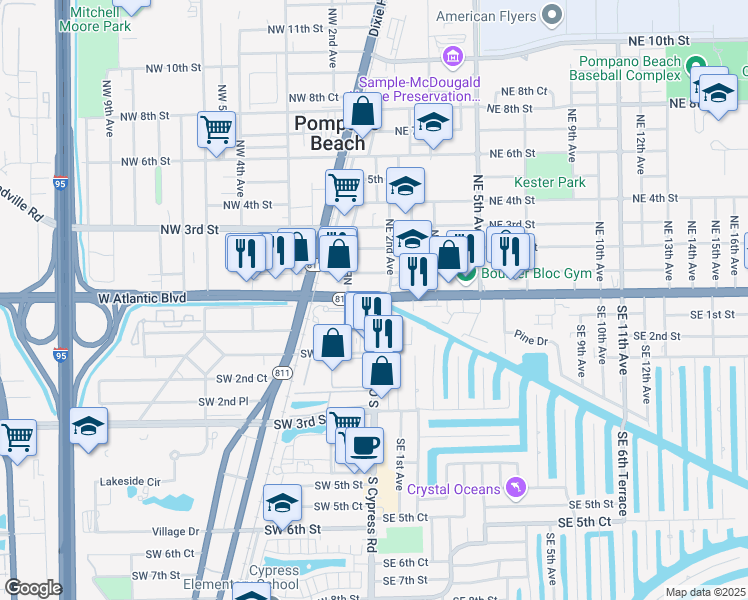 map of restaurants, bars, coffee shops, grocery stores, and more near 205 East Atlantic Boulevard in Pompano Beach
