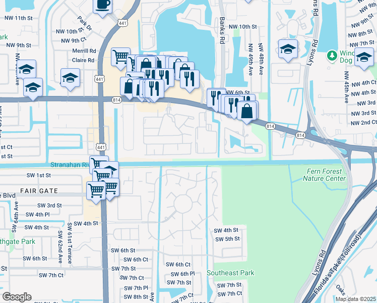 map of restaurants, bars, coffee shops, grocery stores, and more near 220b Lakewood Circle South in Margate