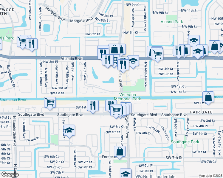 map of restaurants, bars, coffee shops, grocery stores, and more near 7301 Northwest 1st Street in Margate