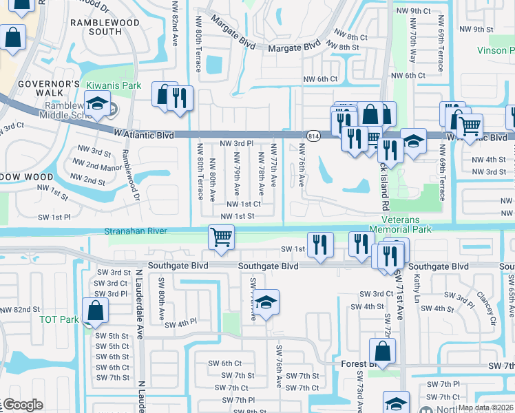 map of restaurants, bars, coffee shops, grocery stores, and more near 140 Northwest 78th Avenue in Margate