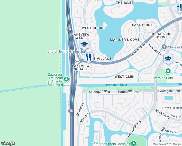 map of restaurants, bars, coffee shops, grocery stores, and more near 12458 West Atlantic Boulevard in Coral Springs