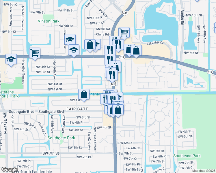 map of restaurants, bars, coffee shops, grocery stores, and more near 193 Florida 7 in Margate
