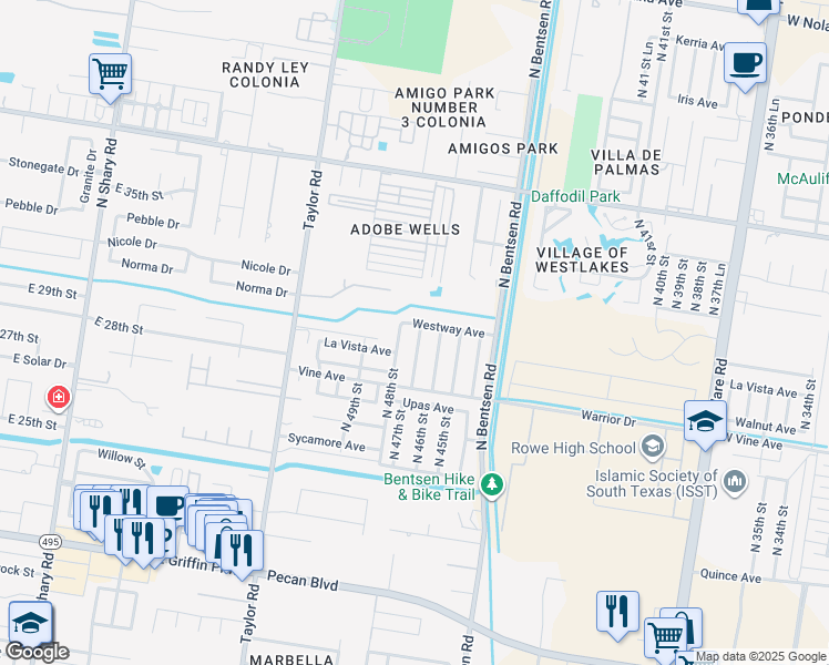 map of restaurants, bars, coffee shops, grocery stores, and more near 4620 Westway Avenue in McAllen