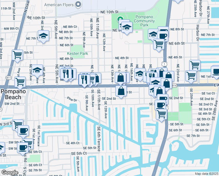 map of restaurants, bars, coffee shops, grocery stores, and more near 121 Northeast 13th Avenue in Pompano Beach