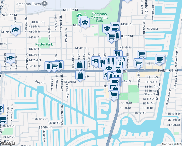map of restaurants, bars, coffee shops, grocery stores, and more near 1601 East Atlantic Boulevard in Pompano Beach