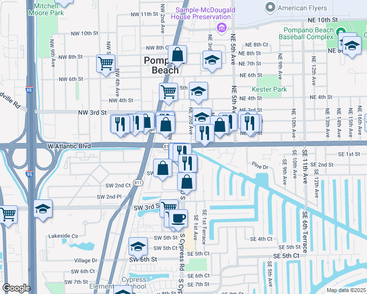 map of restaurants, bars, coffee shops, grocery stores, and more near 100 East Atlantic Boulevard in Pompano Beach
