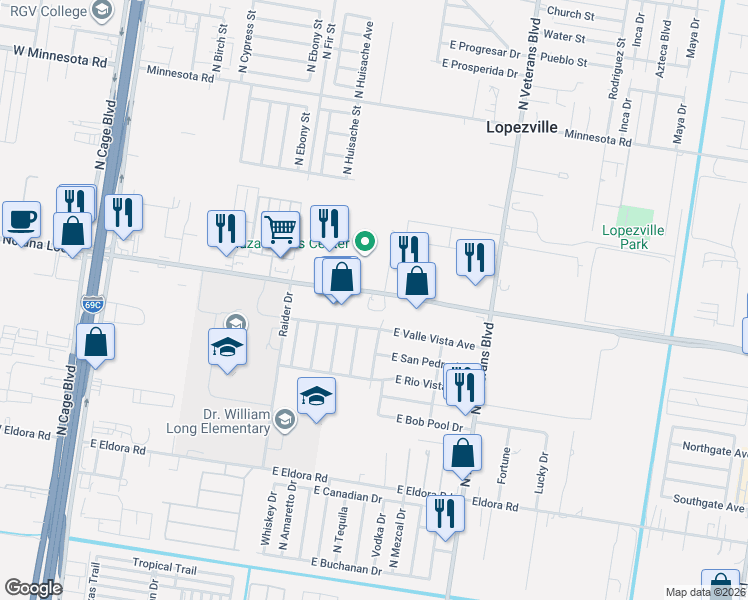 map of restaurants, bars, coffee shops, grocery stores, and more near 1004 East Nolana Loop in Pharr