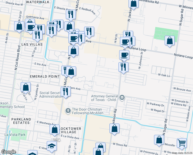 map of restaurants, bars, coffee shops, grocery stores, and more near 3303 North Jackson Road in McAllen
