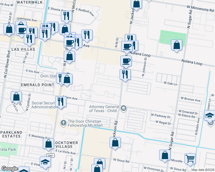 map of restaurants, bars, coffee shops, grocery stores, and more near 3303 North Jackson Road in McAllen