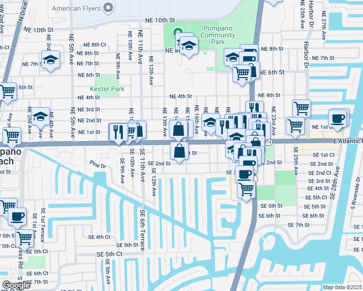 map of restaurants, bars, coffee shops, grocery stores, and more near 1409 East Atlantic Boulevard in Pompano Beach