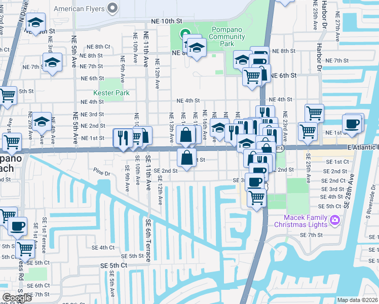 map of restaurants, bars, coffee shops, grocery stores, and more near 1409 East Atlantic Boulevard in Pompano Beach