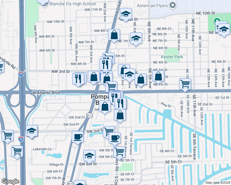 map of restaurants, bars, coffee shops, grocery stores, and more near in Pompano Beach