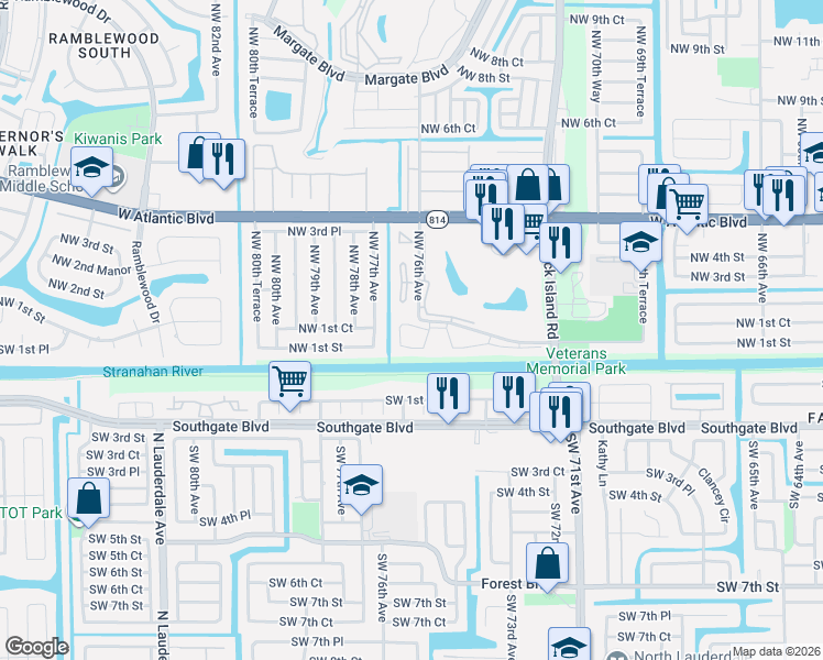 map of restaurants, bars, coffee shops, grocery stores, and more near 201 Northeast 1st Street in Margate