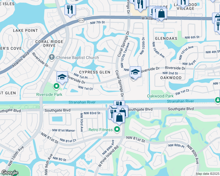 map of restaurants, bars, coffee shops, grocery stores, and more near 10847 Cypress Glen Drive in Coral Springs