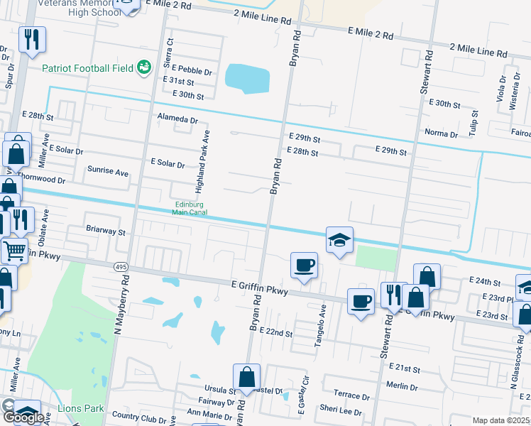 map of restaurants, bars, coffee shops, grocery stores, and more near 2509 Bryan Road in Mission