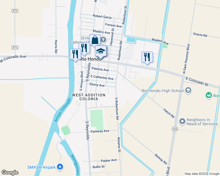 map of restaurants, bars, coffee shops, grocery stores, and more near 126 Ebony Ave in Rio Hondo