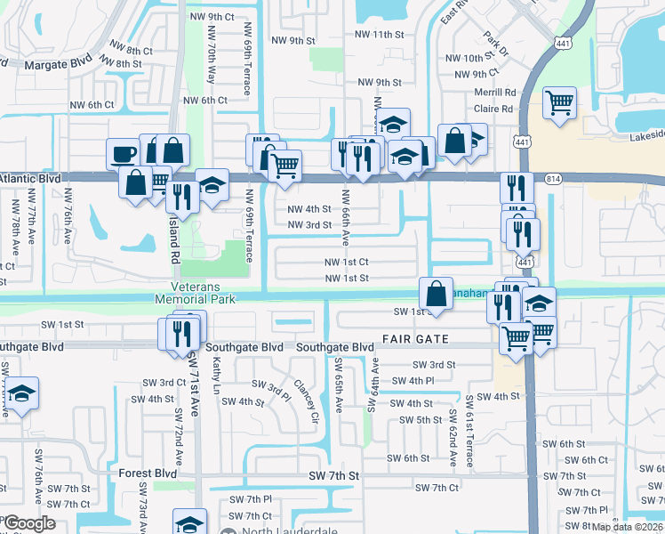 map of restaurants, bars, coffee shops, grocery stores, and more near 6645 Northwest 1st Court in Margate
