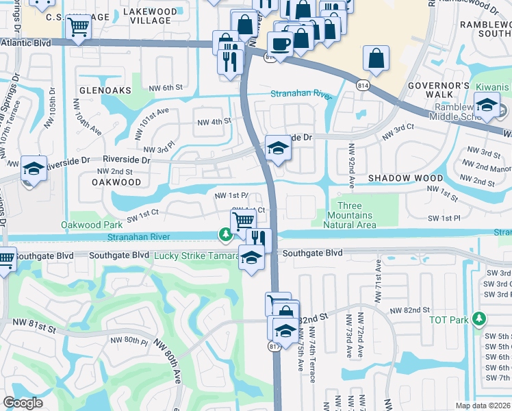 map of restaurants, bars, coffee shops, grocery stores, and more near 9642 Northwest 1st Place in Coral Springs