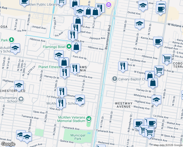 map of restaurants, bars, coffee shops, grocery stores, and more near 2007 West Daffodil Avenue in McAllen