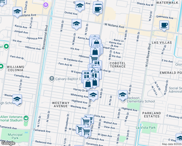 map of restaurants, bars, coffee shops, grocery stores, and more near 1017 Fern Avenue West in McAllen