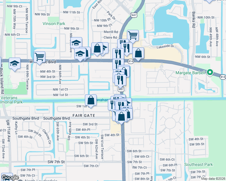 map of restaurants, bars, coffee shops, grocery stores, and more near 6100 Northwest 2nd Street in Margate