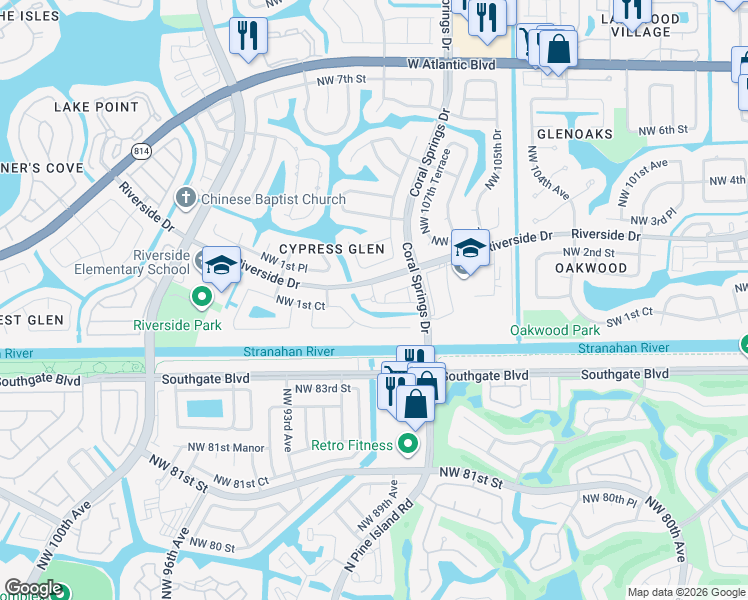 map of restaurants, bars, coffee shops, grocery stores, and more near 10884 Cypress Glen Drive in Coral Springs