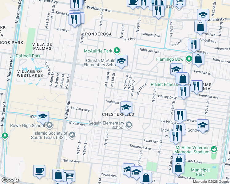 map of restaurants, bars, coffee shops, grocery stores, and more near 2716 North 31st Street in McAllen