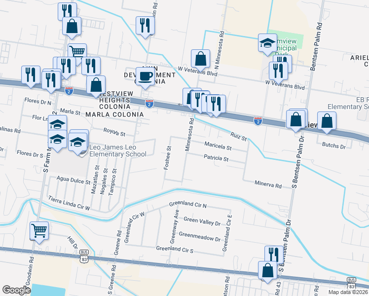 map of restaurants, bars, coffee shops, grocery stores, and more near 805 Maricela Street in Palmview