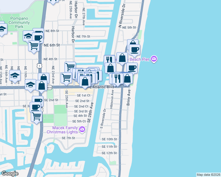 map of restaurants, bars, coffee shops, grocery stores, and more near in Pompano Beach