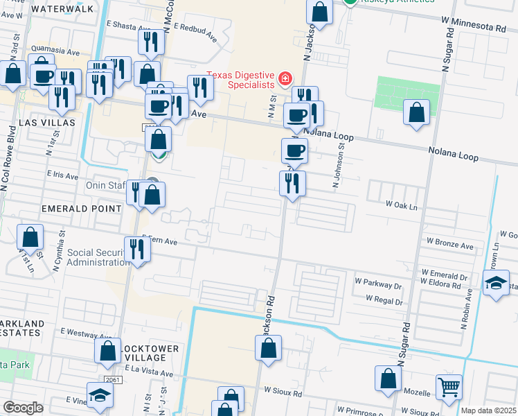 map of restaurants, bars, coffee shops, grocery stores, and more near 3303 North Jackson Road in McAllen