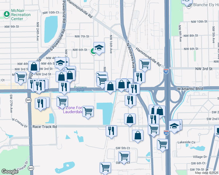 map of restaurants, bars, coffee shops, grocery stores, and more near 105 Northwest 16th Avenue in Pompano Beach