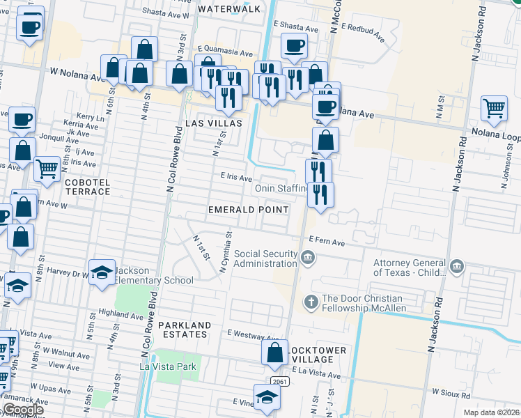map of restaurants, bars, coffee shops, grocery stores, and more near 3312 North Cynthia Street in McAllen