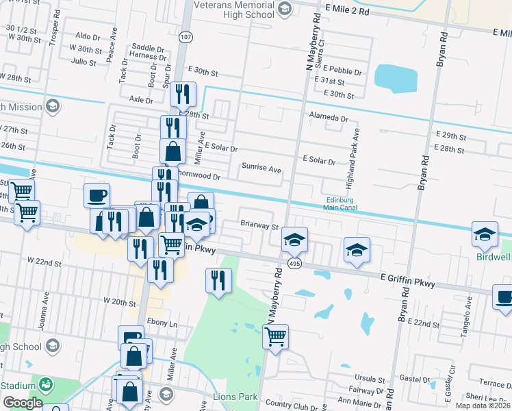 map of restaurants, bars, coffee shops, grocery stores, and more near 2412 Briarwood Drive in Mission