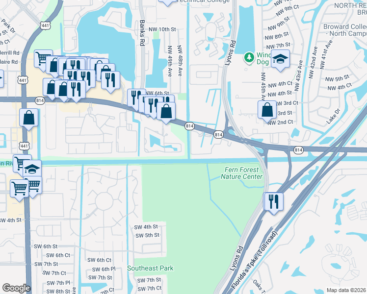 map of restaurants, bars, coffee shops, grocery stores, and more near 4740 East Hemingway Circle in Margate