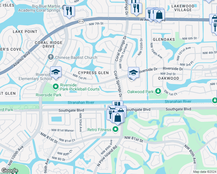map of restaurants, bars, coffee shops, grocery stores, and more near 10847 Cypress Glen Drive in Coral Springs