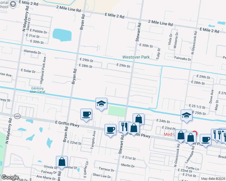 map of restaurants, bars, coffee shops, grocery stores, and more near 2505 Melinda Drive in Mission
