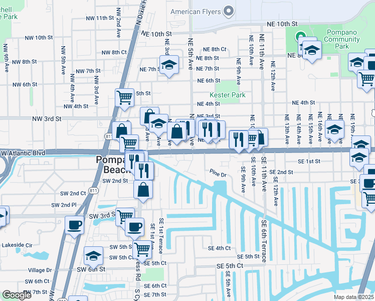 map of restaurants, bars, coffee shops, grocery stores, and more near 437 East Atlantic Boulevard in Pompano Beach