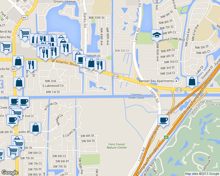 map of restaurants, bars, coffee shops, grocery stores, and more near 4742 East Hemingway Circle in Margate