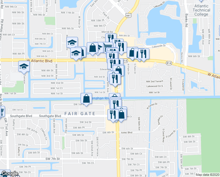 map of restaurants, bars, coffee shops, grocery stores, and more near 193 Florida 7 in Margate