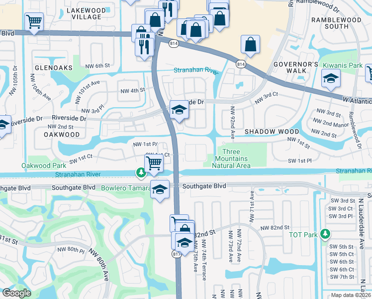 map of restaurants, bars, coffee shops, grocery stores, and more near 146 Northwest 94th Way in Coral Springs