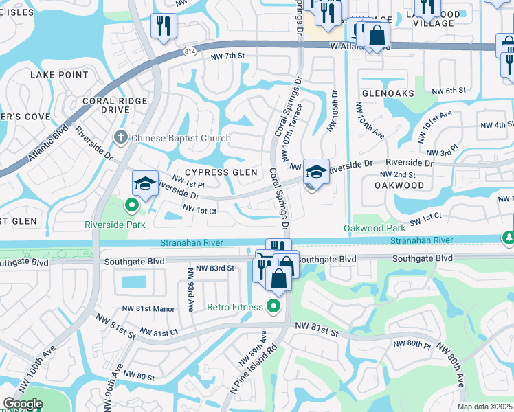 map of restaurants, bars, coffee shops, grocery stores, and more near 10847 Cypress Glen Drive in Coral Springs