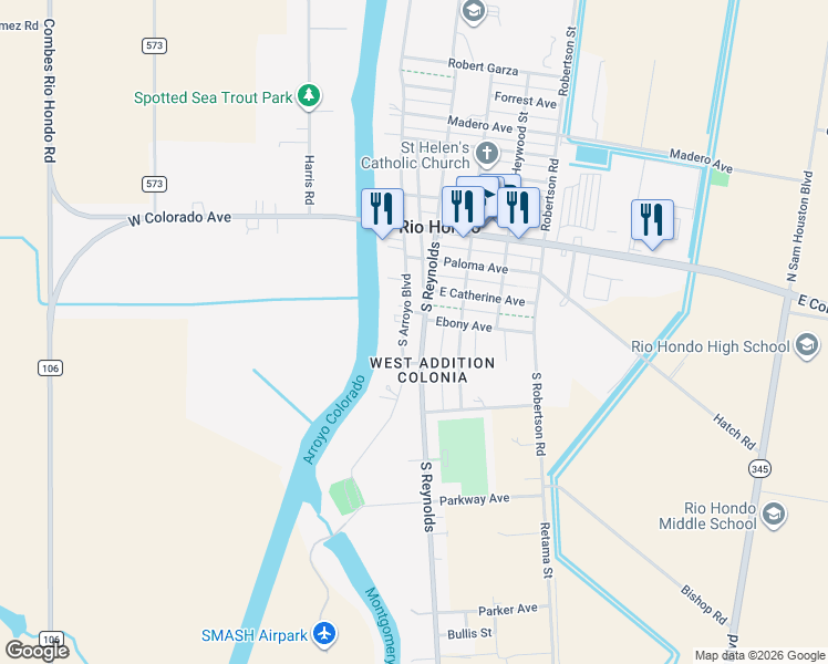 map of restaurants, bars, coffee shops, grocery stores, and more near 421-605 S Reynolds St in Rio Hondo