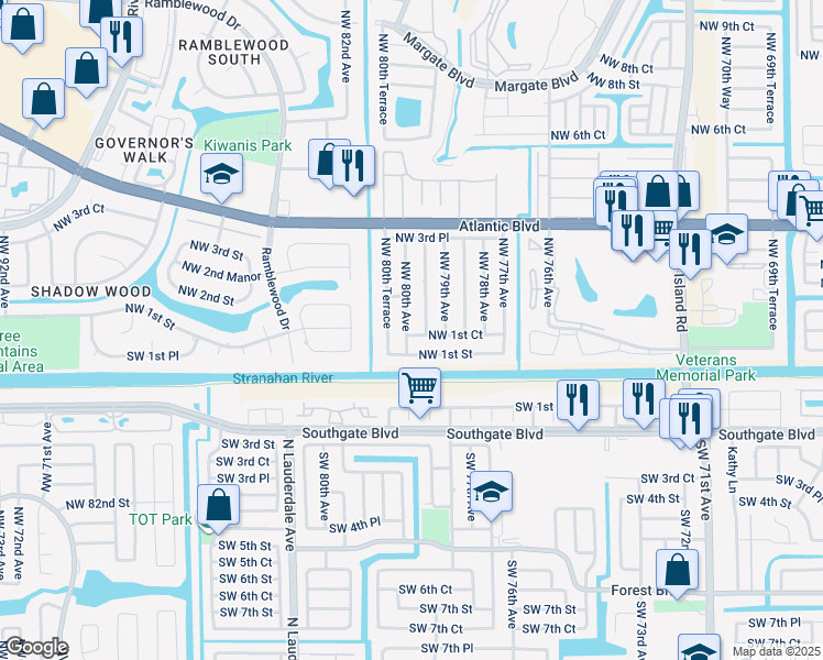map of restaurants, bars, coffee shops, grocery stores, and more near 140 Northwest 80th Avenue in Margate