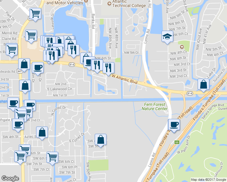 map of restaurants, bars, coffee shops, grocery stores, and more near 4742 East Hemingway Circle in Margate
