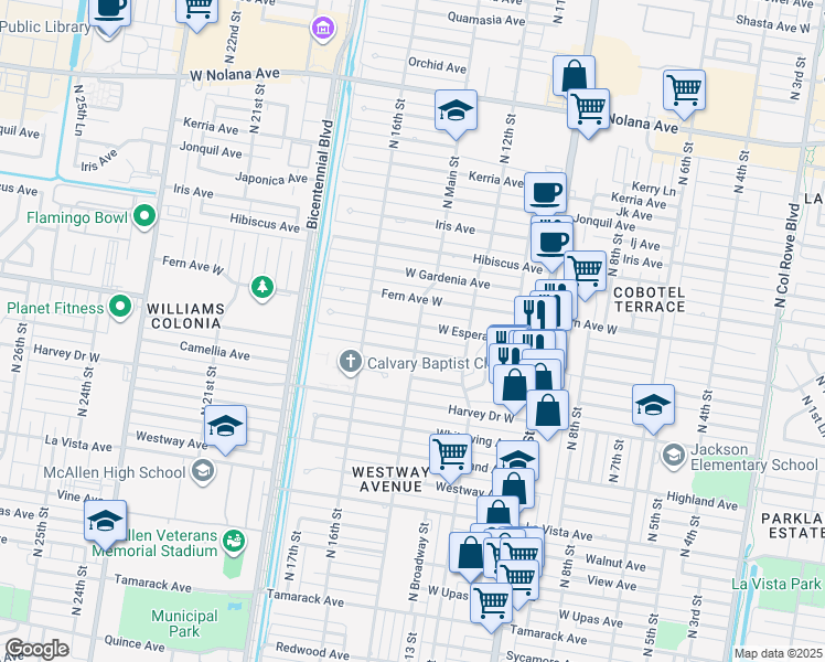 map of restaurants, bars, coffee shops, grocery stores, and more near 1401 West Esperanza Avenue in McAllen