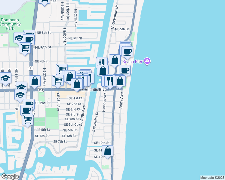 map of restaurants, bars, coffee shops, grocery stores, and more near 3346 E Atlantic Blvd in Pompano Beach