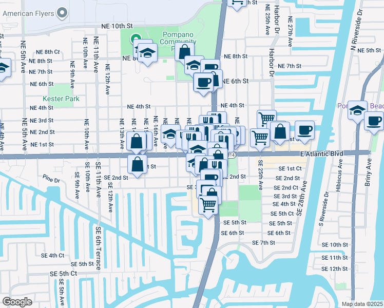 map of restaurants, bars, coffee shops, grocery stores, and more near 1913 East Atlantic Boulevard in Pompano Beach